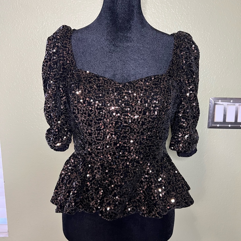 Amanda Uprichard Black Sequin Peplum Top
